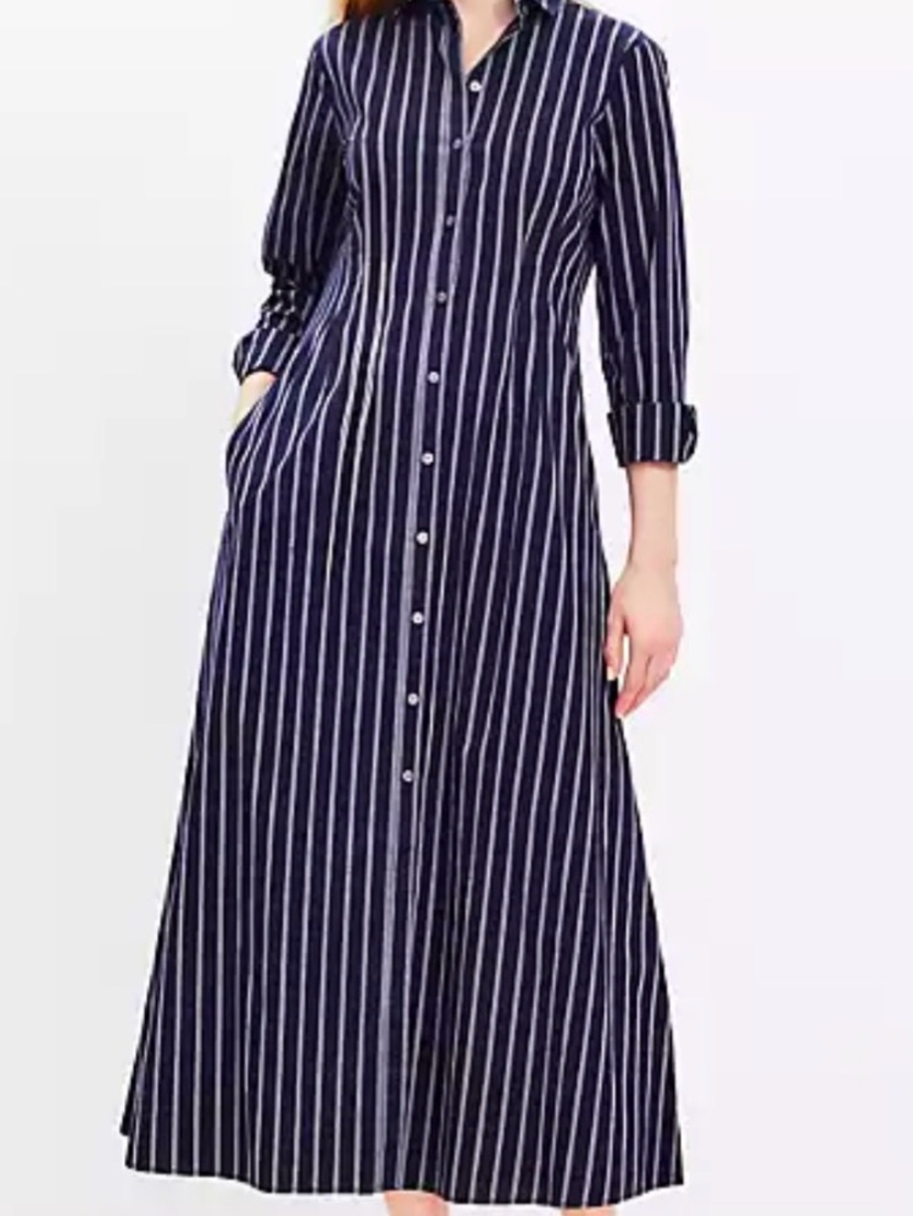 Loft Navy Vertical Stripe Button-Front Shirt Dress, Size 6